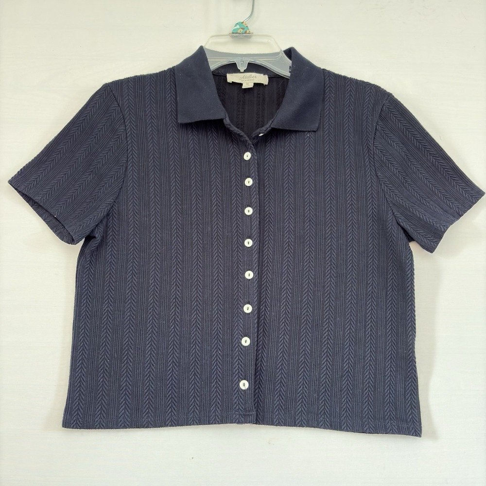 Atelier womens Blue Short Sleeve White Button Up Sweater Preppy Work Casual XL